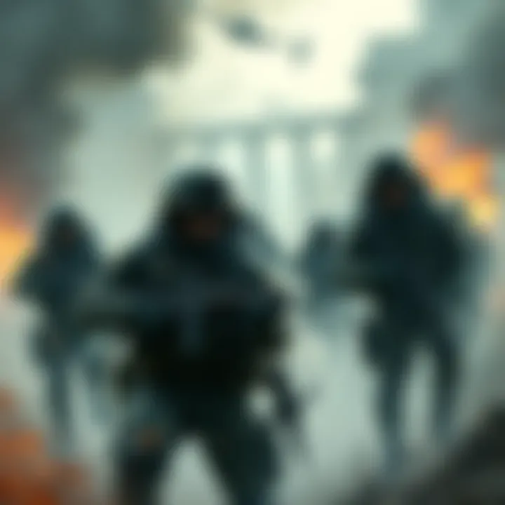 A group of soldiers in a tense battle scene, facing unseen enemies in a chaotic environment.