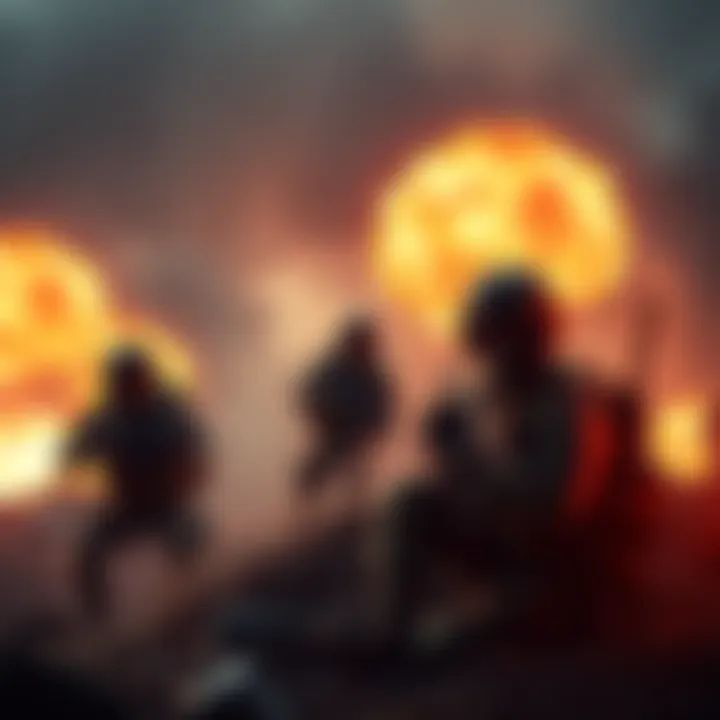Soldiers taking cover while facing heavy gunfire and explosions in a combat zone