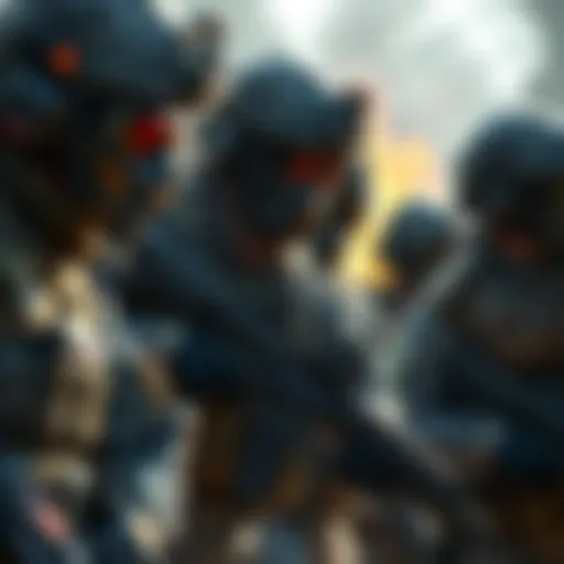 A group of soldiers in military gear working together in a tactical formation, focusing on teamwork and strategy during a mission in a realistic setting.