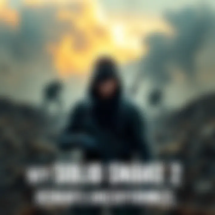 Solid Snake, a character in tactical gear, stands alert in a war-torn landscape, reflecting the suspense of his uncertain fate.