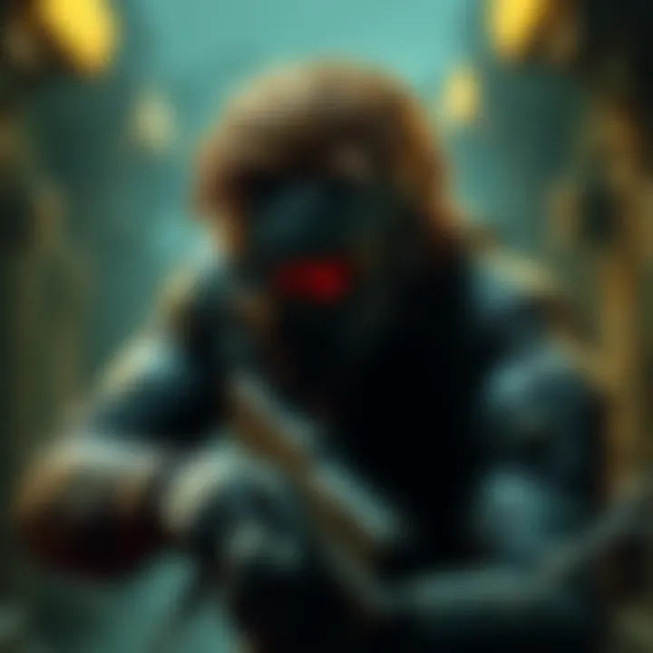 A scene featuring Solid Snake with a tactical outfit, sneaking through an enemy base, showcasing intense gameplay moments.