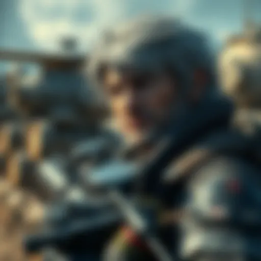 Solid Snake in action Solid Snake, a soldier with gray hair and stealth gear, contemplates his journey amid military equipment and a battlefield setting.