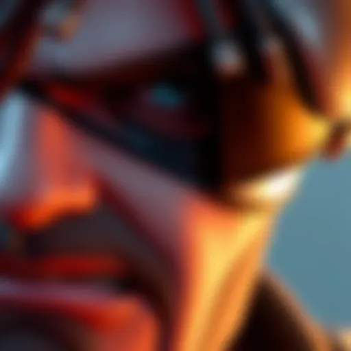 A close-up of Solidus from a video game, focusing on his eyepatch covering the right eye with a hint of the eye underneath, illustrating character design elements.