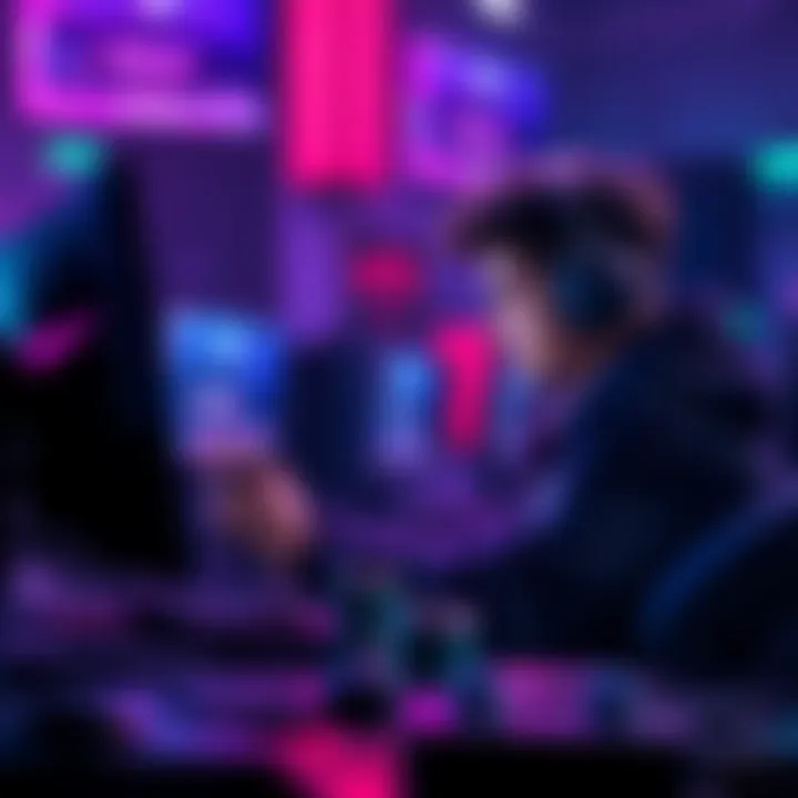 A player immersed in a fast-paced game, focusing intensely on the screen while surrounded by gaming equipment.