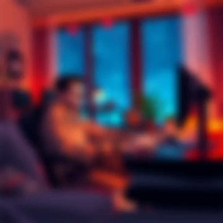 A dad playing an MMORPG on his computer, relaxed in a cozy living room setting while juggling family life.