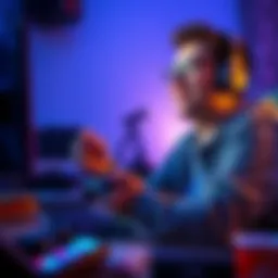 Solo Gamer Enjoying Their Experience A focused solo player immersed in a video game, smiling while holding a controller, surrounded by gaming gear and snacks.