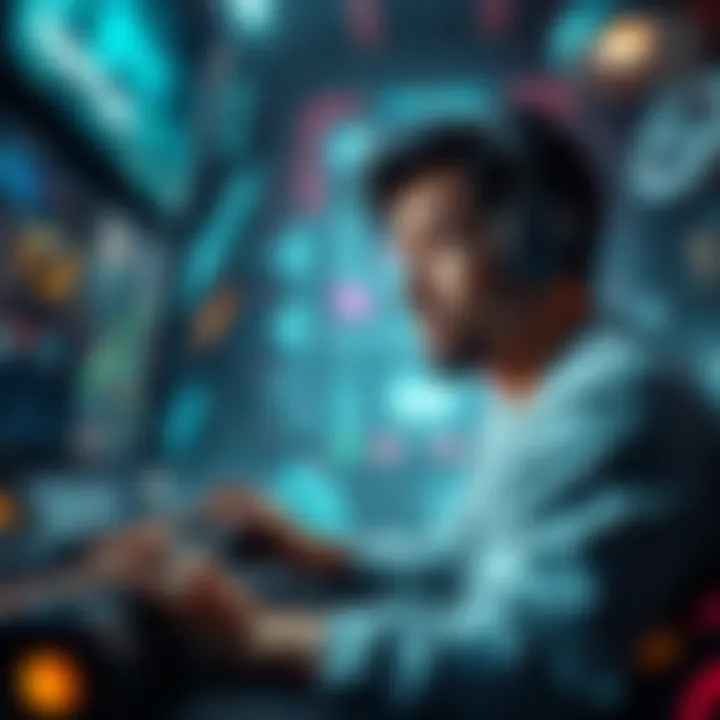 Solo Gamer Facing Challenges A lone player struggling in a multiplayer game, looking frustrated while surrounded by complex game graphics.