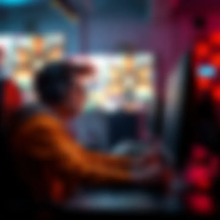 A focused gamer playing alone, strategizing and concentrating on the screen in a gaming setup with a headset.