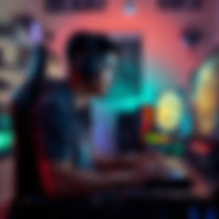 A person playing a video game on a high-end gaming setup, focused and immersed in gameplay, surrounded by gaming gear.