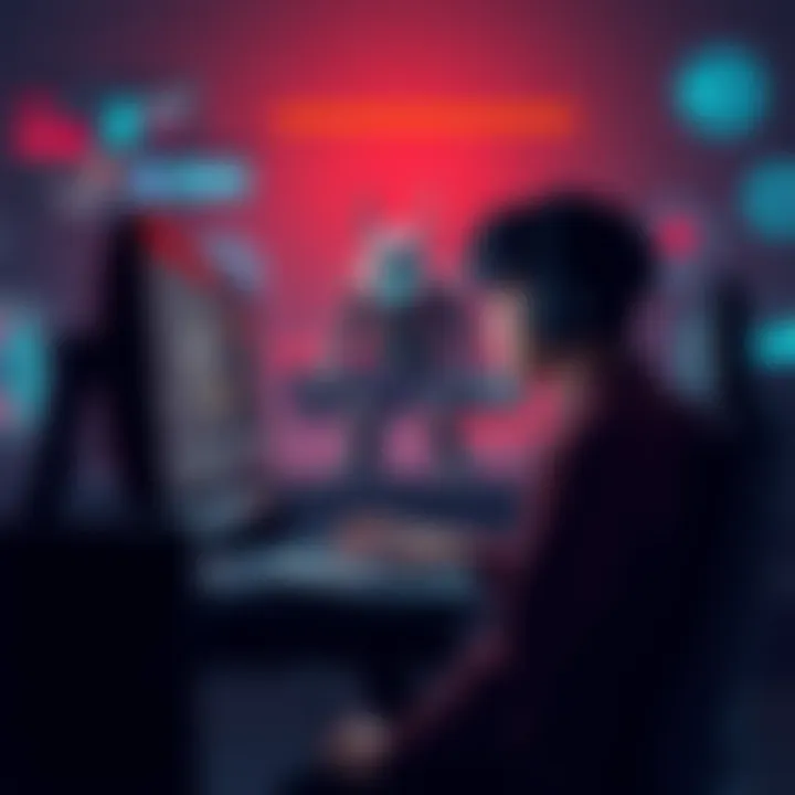 A lone gamer sits in front of a computer, looking frustrated as a game character struggles at a challenging checkpoint, surrounded by dark game graphics.