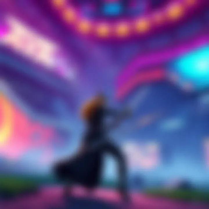 A lone character in a battle stance, preparing for PVP combat in a gaming arena, surrounded by a vibrant digital landscape.