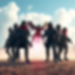 A group of six solo raiders stands ready for battle against a single leaper in an open battlefield, showcasing their unique strategies and poses.