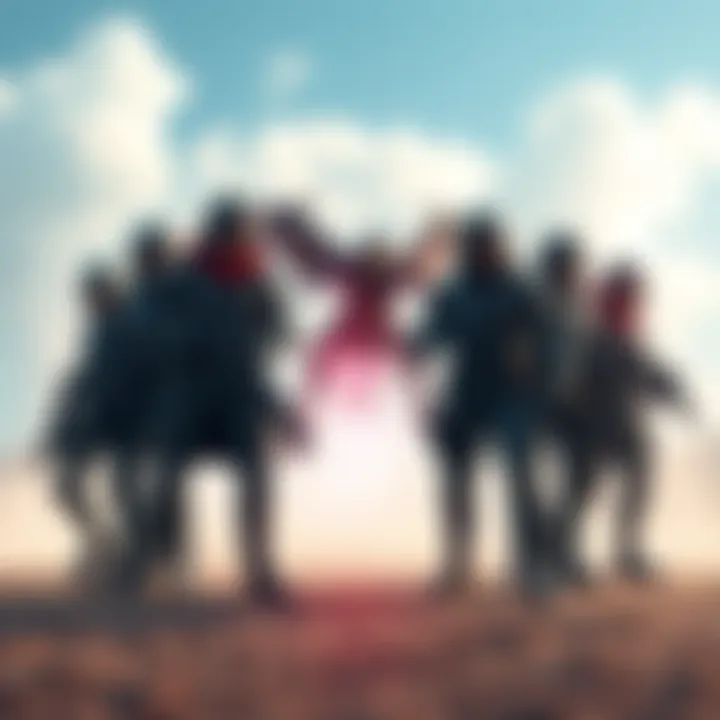A group of six solo raiders stands ready for battle against a single leaper in an open battlefield, showcasing their unique strategies and poses.