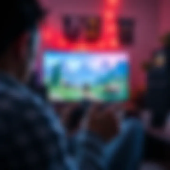 A gamer playing a PS4 solo adventure game, focused on the screen with a controller in hand, surrounded by a cozy gaming setup.