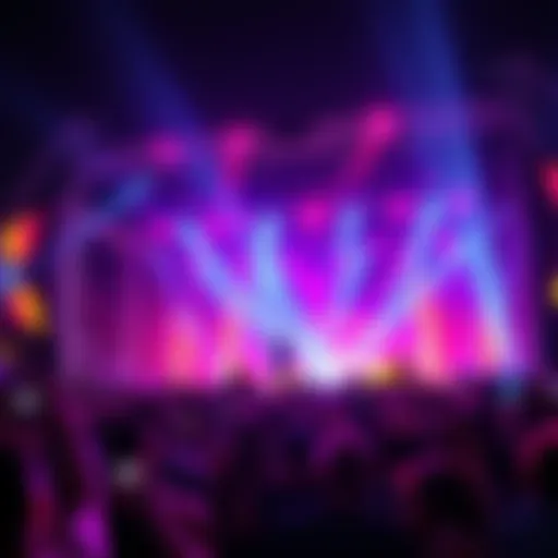 A vibrant festival scene with a solo artist performing on stage, surrounded by cheering fans and colorful lights.