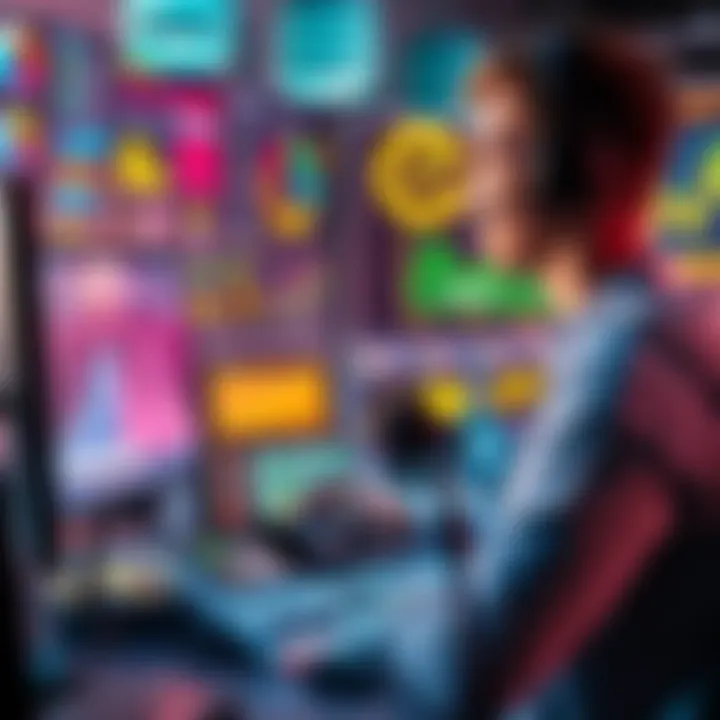 A person playing a business simulation game on a computer, surrounded by colorful game graphics and charts