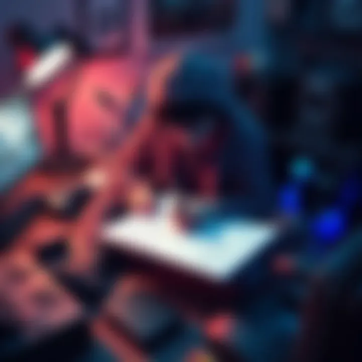 A solo game developer sketching ideas for a second version of Stray on a notepad, surrounded by gaming equipment and concept art.