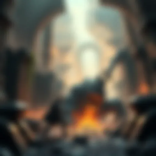 A lone warrior battling a monster in a dark, mystical dungeon filled with ancient ruins