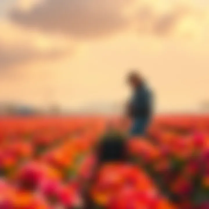 A lone player harvesting crops in a vibrant digital farming landscape.