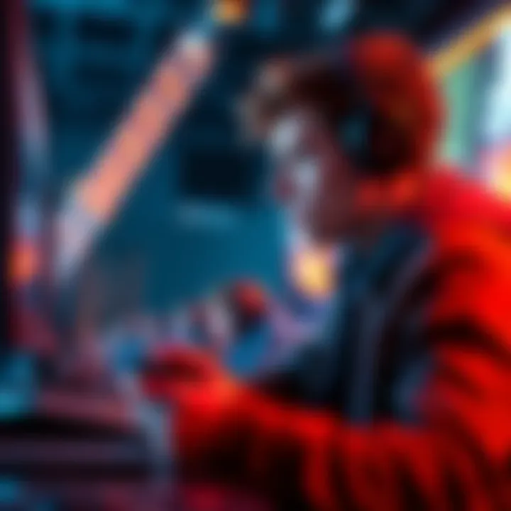 A gamer focused on their screen during a competitive match, showing intensity and concentration, with a game controller in hand.