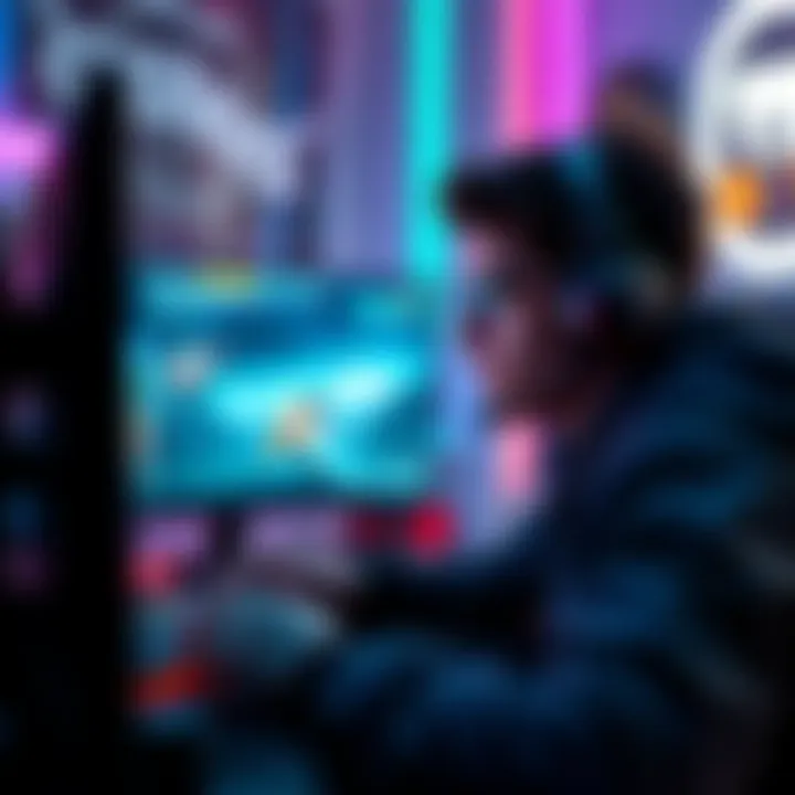 A gamer focused on a solo video game session, engaged in a 1v1 battle on screen, surrounded by gaming gear.