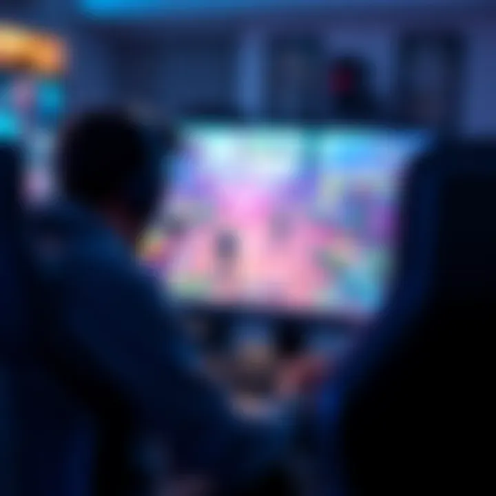 A person playing a video game on a computer, focused on the screen with vibrant game graphics displayed, showcasing immersive gameplay.