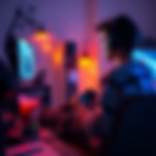 A solo player sits comfortably with a controller, focused on a screen, surrounded by gaming gear and snacks at home.