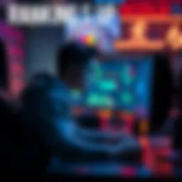 A concentrated player sitting alone in front of a computer, working to improve their rank in competitive gaming, with charts and stats visible on the screen.