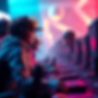 Solo Gamer vs. Team A single player competes against a large team of eight in an intense gaming scene, showing focus and determination.