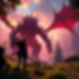 A lone hunter with a sword facing a giant monster in a forest setting in Monster Hunter Rise