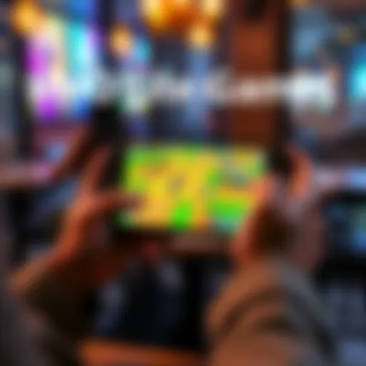 A person playing a video game on a handheld console while sitting at a café table, showcasing a bright and colorful game screen