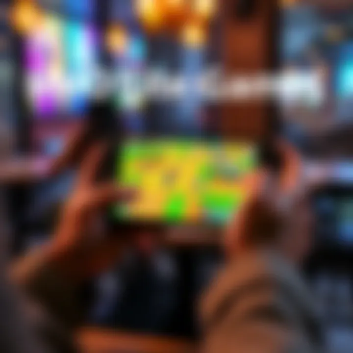Solo MMO Lite Games A person playing a video game on a handheld console while sitting at a cafรฉ table, showcasing a bright and colorful game screen