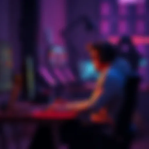 A gamer sitting alone at a desk, looking frustrated while playing a challenging video game on a computer.