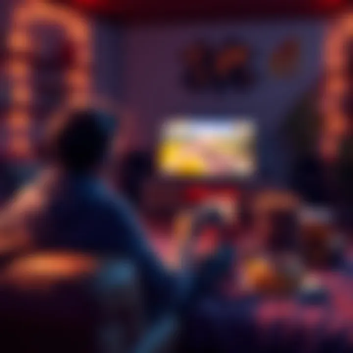 Solo Player Enjoying a Video Game A person playing a video game alone, focused on the screen with a controller in hand, surrounded by snacks and drinks, creating a cozy gaming atmosphere.