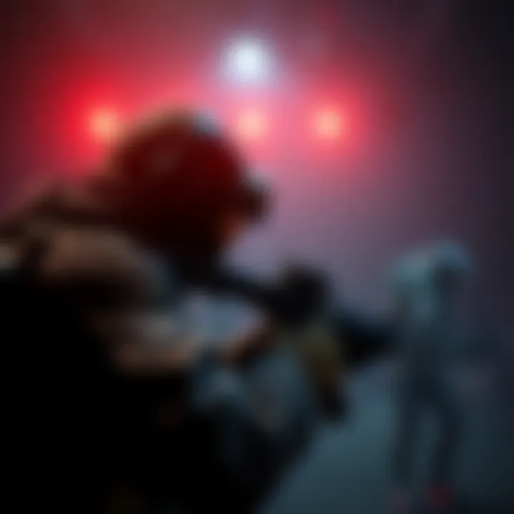 Solo player in an extraction shooter A lone gamer focused on the screen, equipped with gear in a dark virtual environment, representing solo play in extraction shooters.