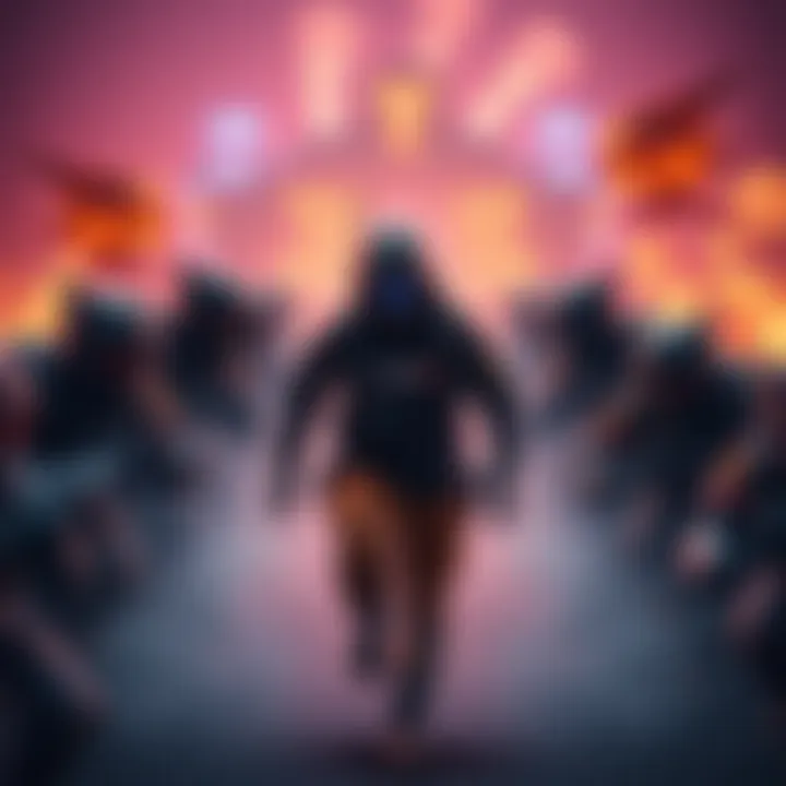 Solo player facing multiple enemies A lone gamer surrounded by a group of opponents in a competitive game setting, highlighting the intense pressure of solo gameplay.