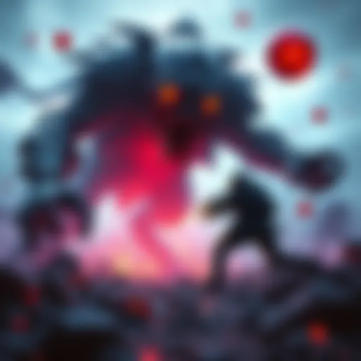 A gamer engaged in the Infernal Walker challenge, focusing on avoiding red spheres while maximizing damage against a large enemy.