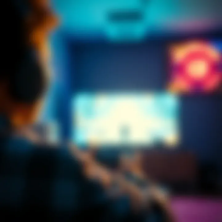 A gamer playing the Marathon game alone, focused on the screen with a controller in hand, in a dimly lit room.