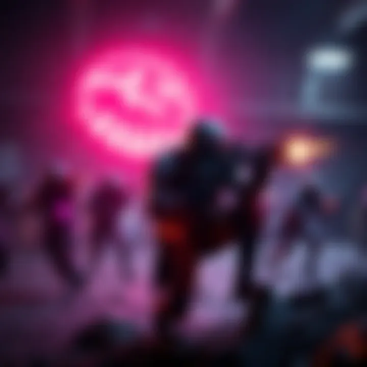 Solo player in Stella Montis night raid A solo player struggling in a night raid while being targeted by a group of opponents in a dark game environment