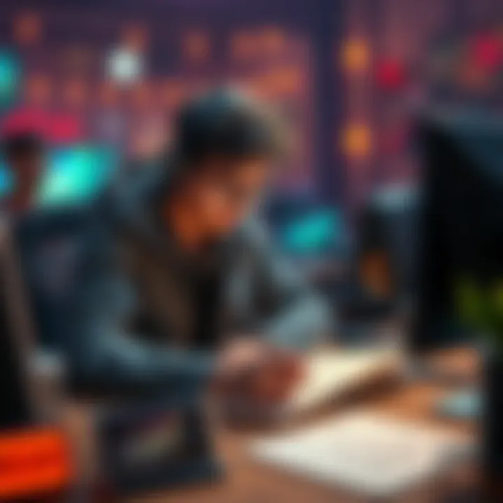 A dedicated gamer analyzing builds for leveling up in SHD, surrounded by gaming gear and notes