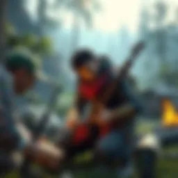 A character gathering resources and crafting items in a vibrant survival game world, showing engaging combat elements around.