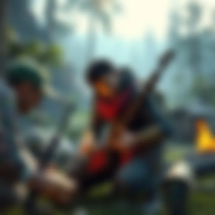 A character gathering resources and crafting items in a vibrant survival game world, showing engaging combat elements around.