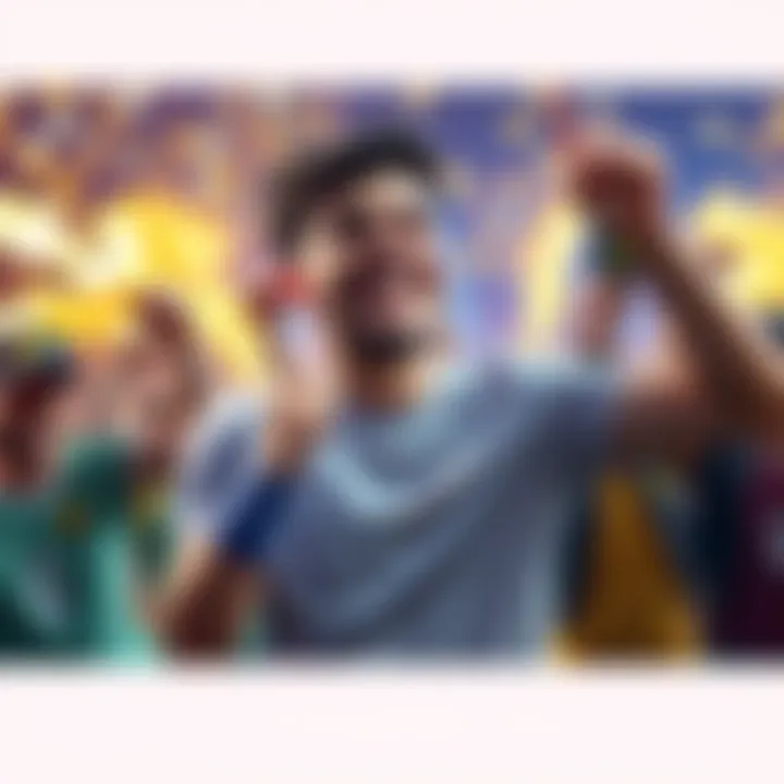 A joyful solo player with a big smile, celebrating a game win, surrounded by cheering competitors, indicating a surprising comeback against trash talkers.