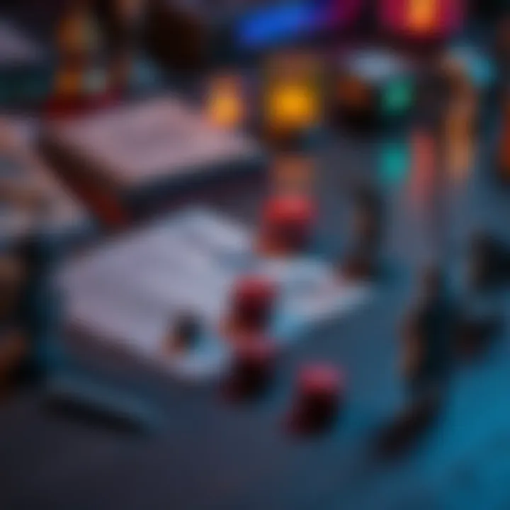 Solo RPG Adventure A tabletop with dice, character sheet, and fantasy miniatures for a one-player RPG session.