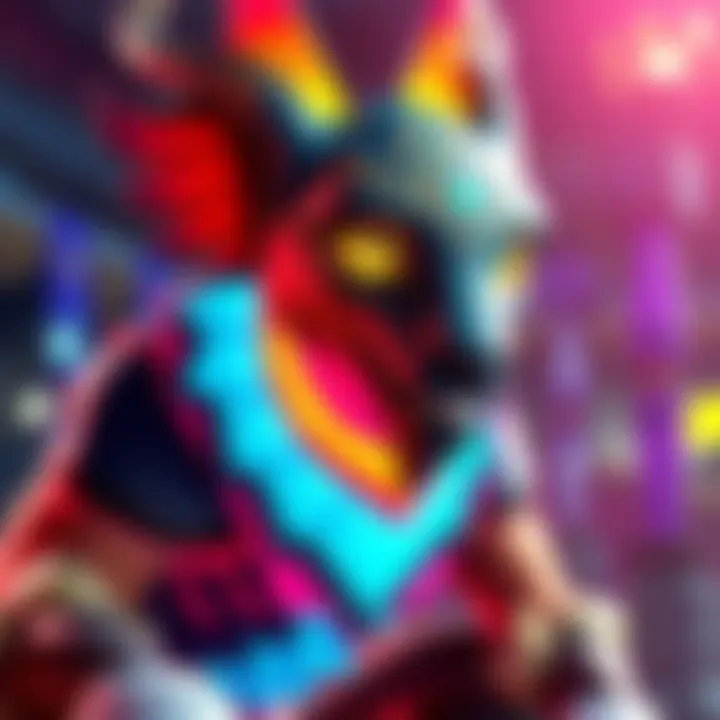 A character wearing the Solstice Sphinx skin, showcasing vibrant colors and unique design elements in a gameplay setting.