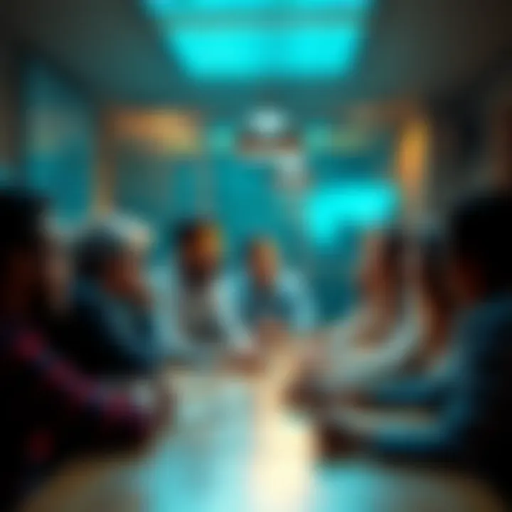A group of people sharing ideas and solutions at a table, looking engaged and supportive.