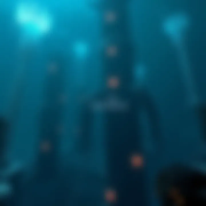 A dark underwater scene from Soma, showcasing eerie submerged structures and glowing elements.