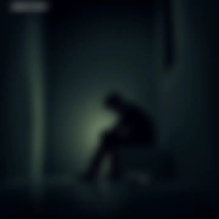 A somber figure in a dimly lit room A person sitting alone in a dark room, reflecting on their emotions with a gun nearby, symbolizing inner turmoil and despair.