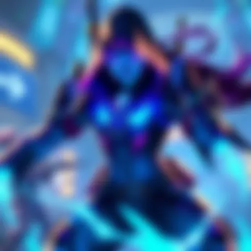 Sombra in a dynamic pose with glowing blue gadgets, showcasing her stealthy abilities in a game setting.