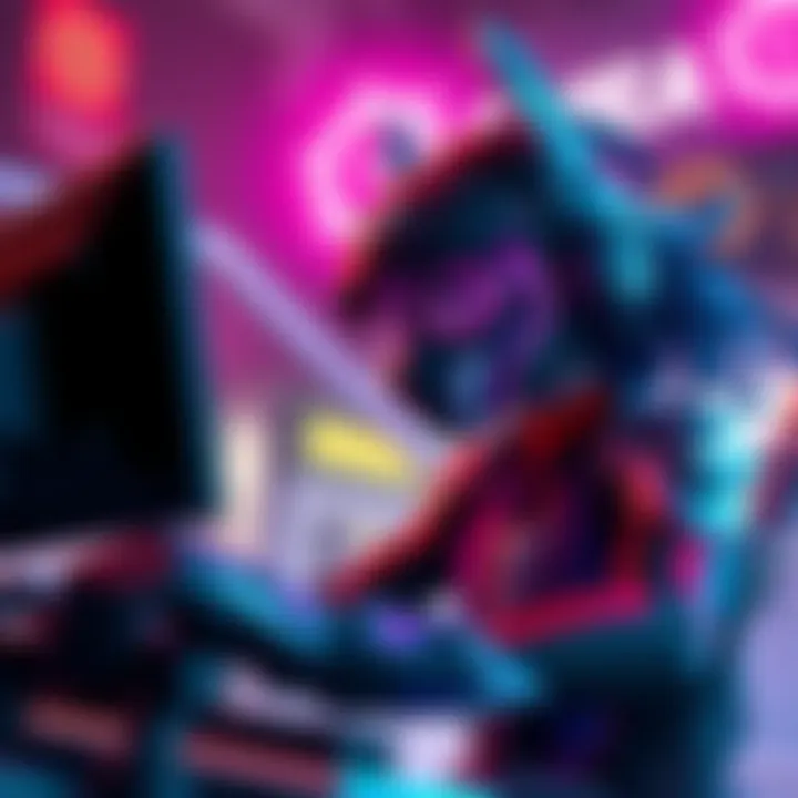A dynamic portrayal of a gamer immersed in playing Sombra, showcasing her unique abilities and the intense gaming atmosphere.
